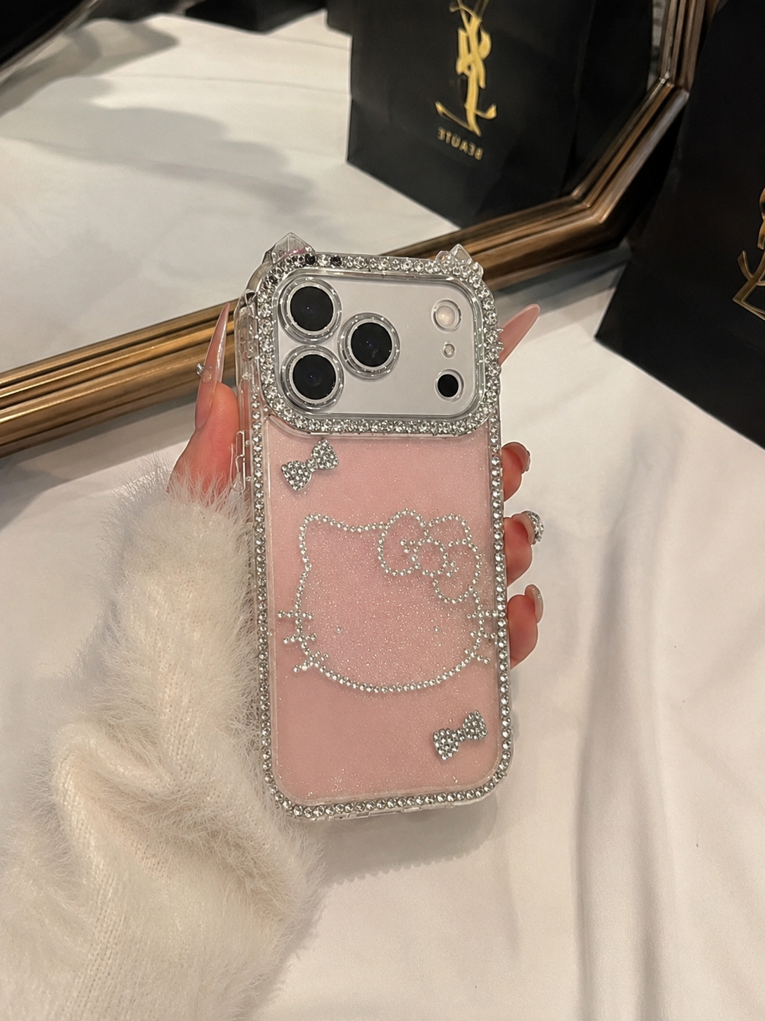 Luxury Pink Kitty Crystal Bling Case for iPhone – Rhinestone Border Cute Protective Cover for Iphone 17 pro max