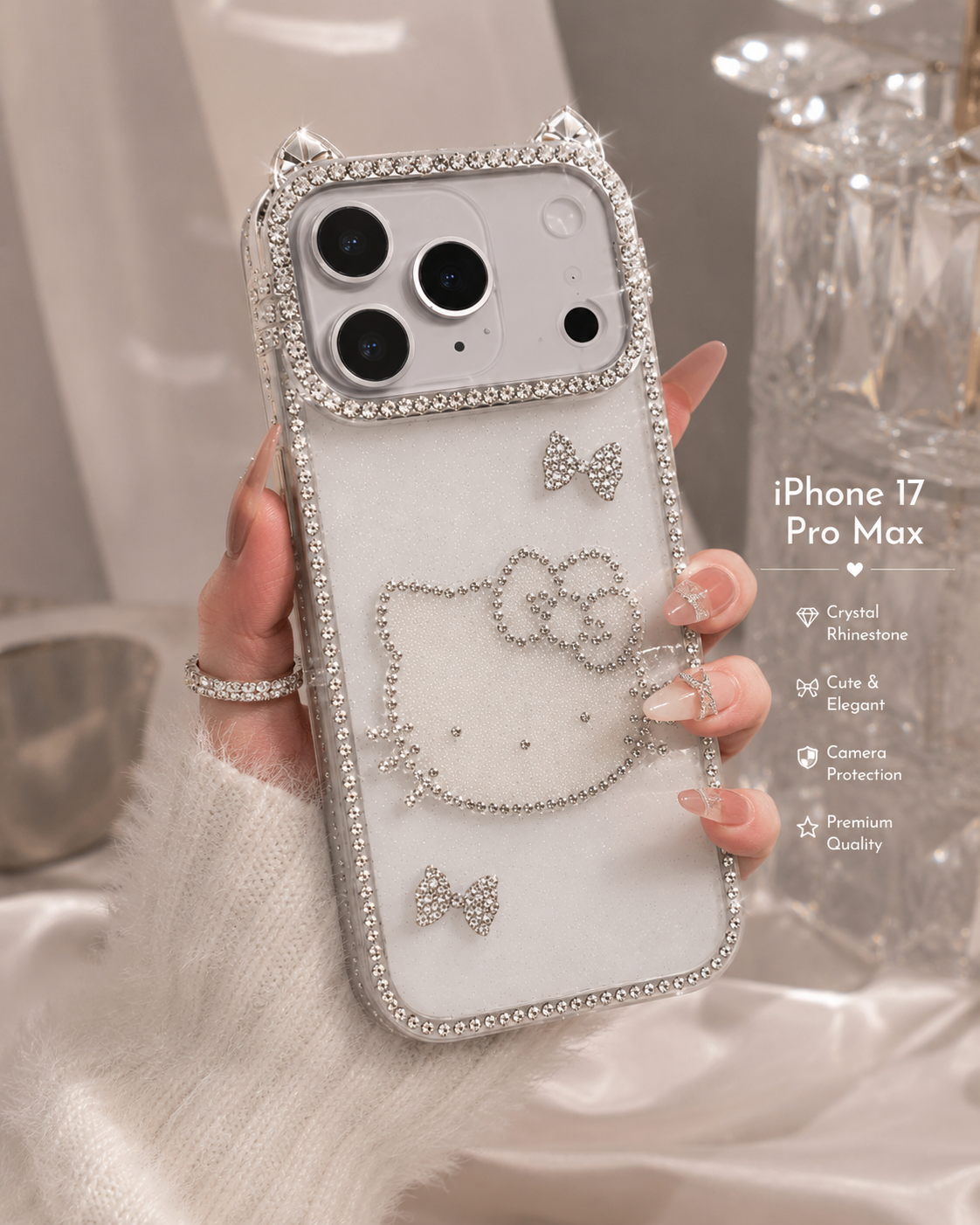Luxury Pink Kitty Crystal Bling Case for iPhone – Rhinestone Border Cute Protective Cover for Iphone 17 pro max — photo 2