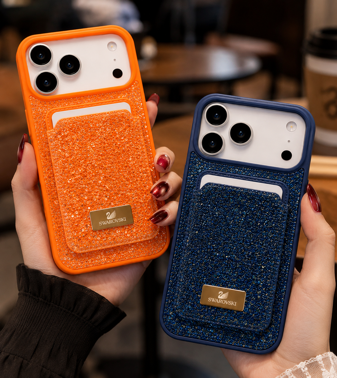 Swarovski Glitter Wallet Case for iPhone 17 Pro Max | Crystal Bling Case – Orange & Blue